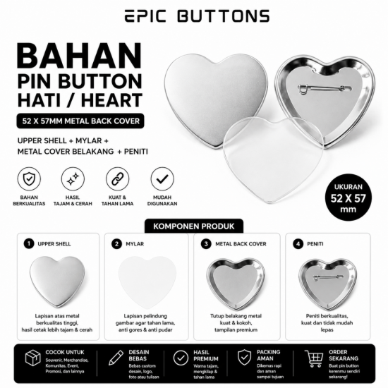 Bahan Pin Button Hati 52x57mm Metal Back Cover | Blank Heart Pin Button Upper Shell Mylar Peniti Mesin Press